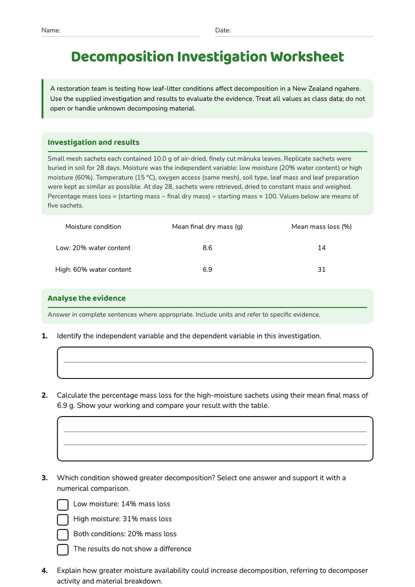 Decomposition Investigation Worksheet