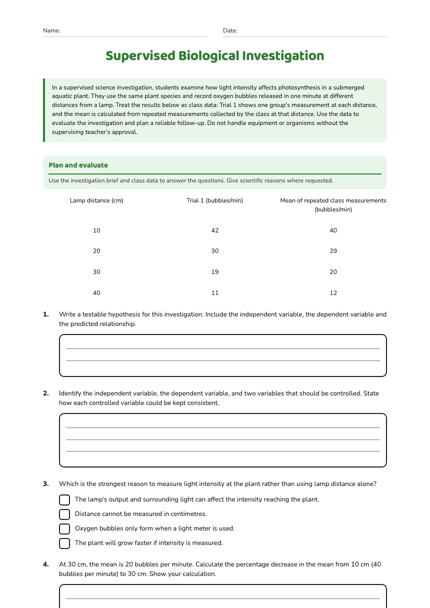 Supervised Biological Investigation worksheet preview