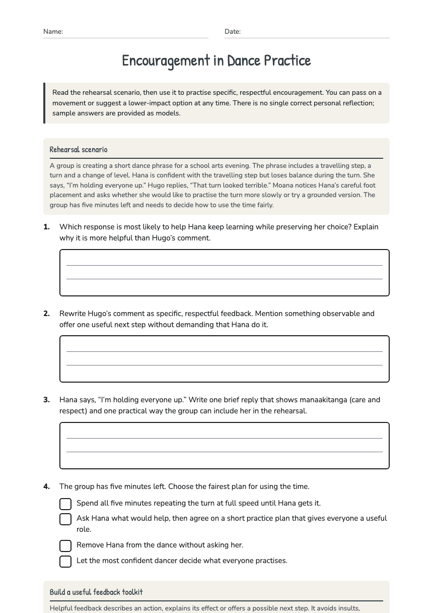 Encouragement in Dance Practice worksheet preview