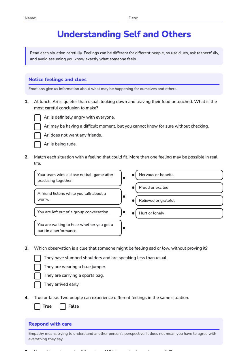Understanding Self and Others worksheet preview