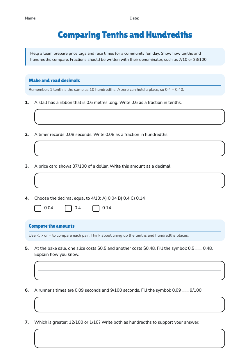 Comparing Tenths and Hundredths worksheet preview