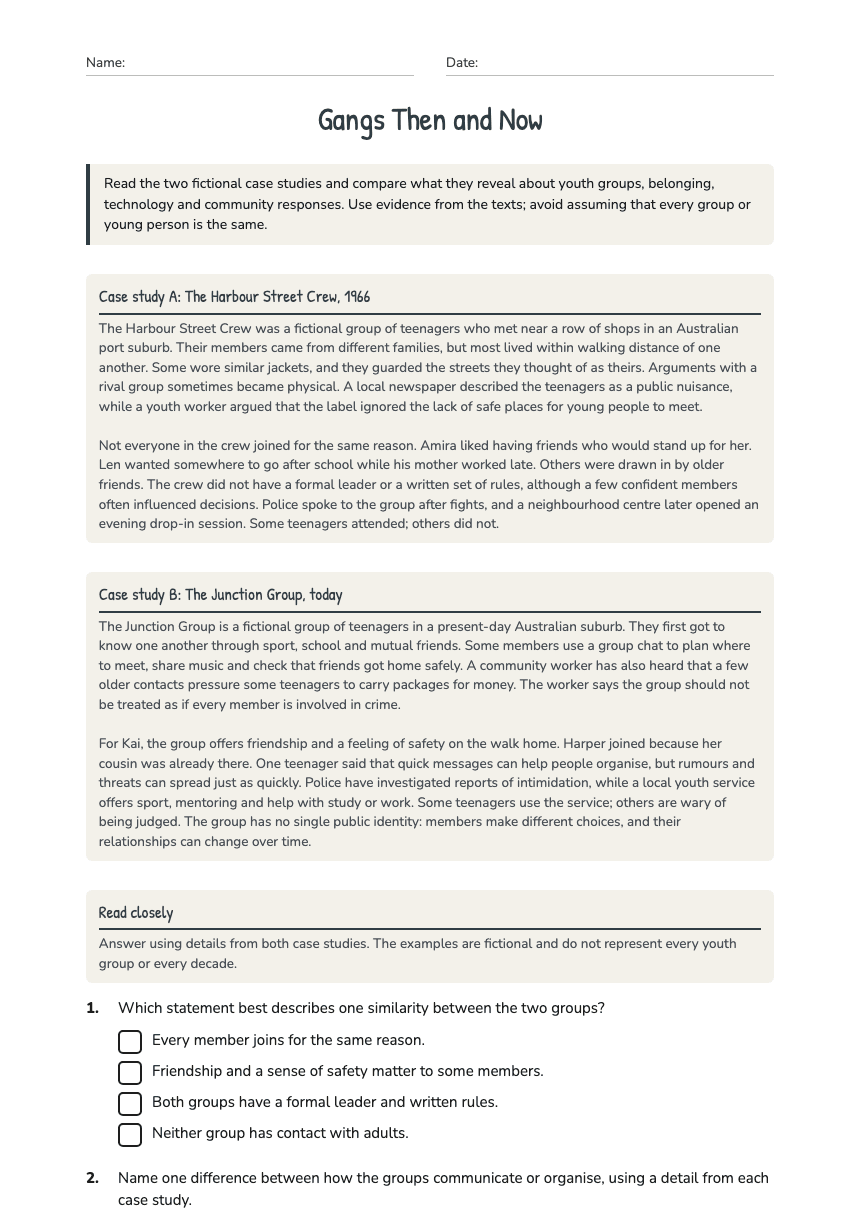 Gangs Then and Now worksheet preview