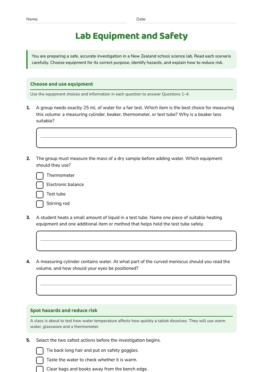 Lab Equipment and Safety worksheet preview