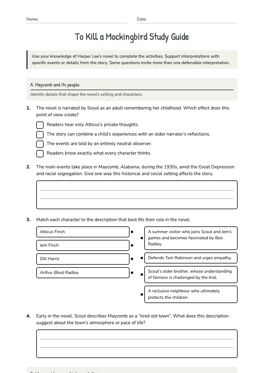 To Kill a Mockingbird Study Guide worksheet preview