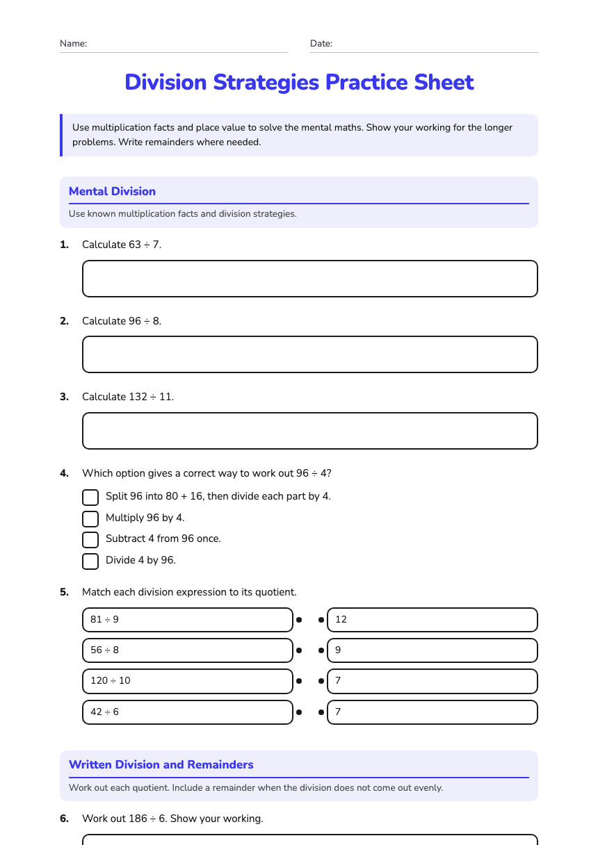 Division Strategies Practice Sheet worksheet preview