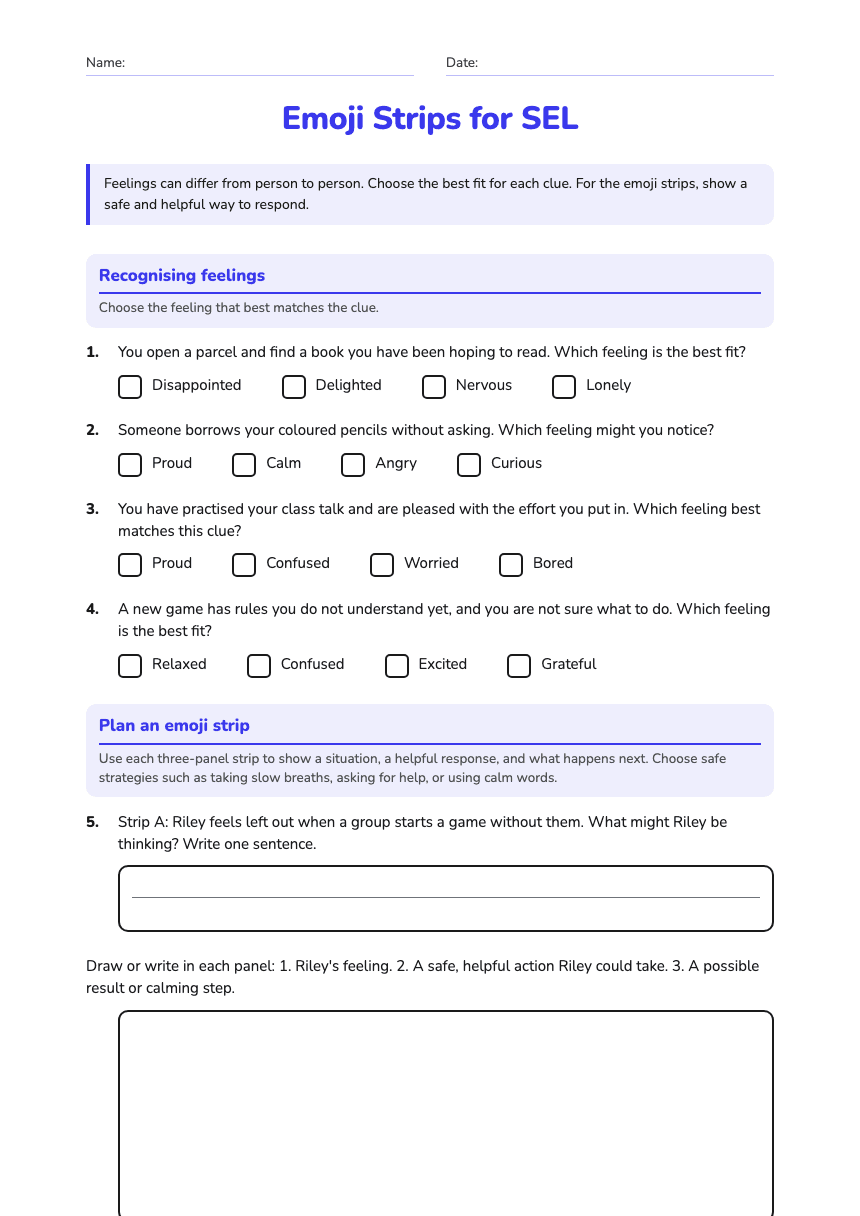 Emoji Strips for SEL worksheet preview