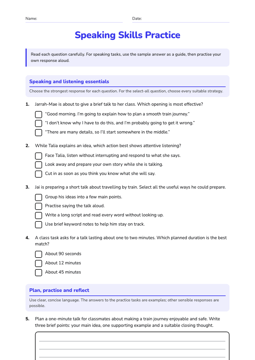 Speaking Skills Practice worksheet preview