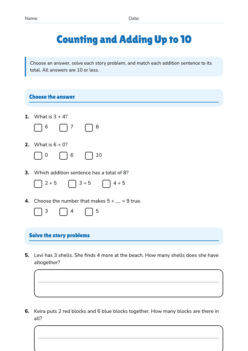Counting and Adding Up to 10 worksheet preview