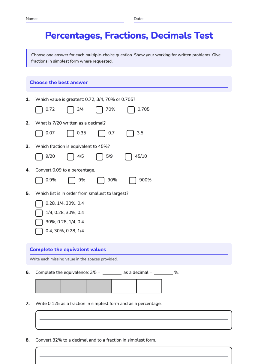 Percentages, Fractions, Decimals Test worksheet preview
