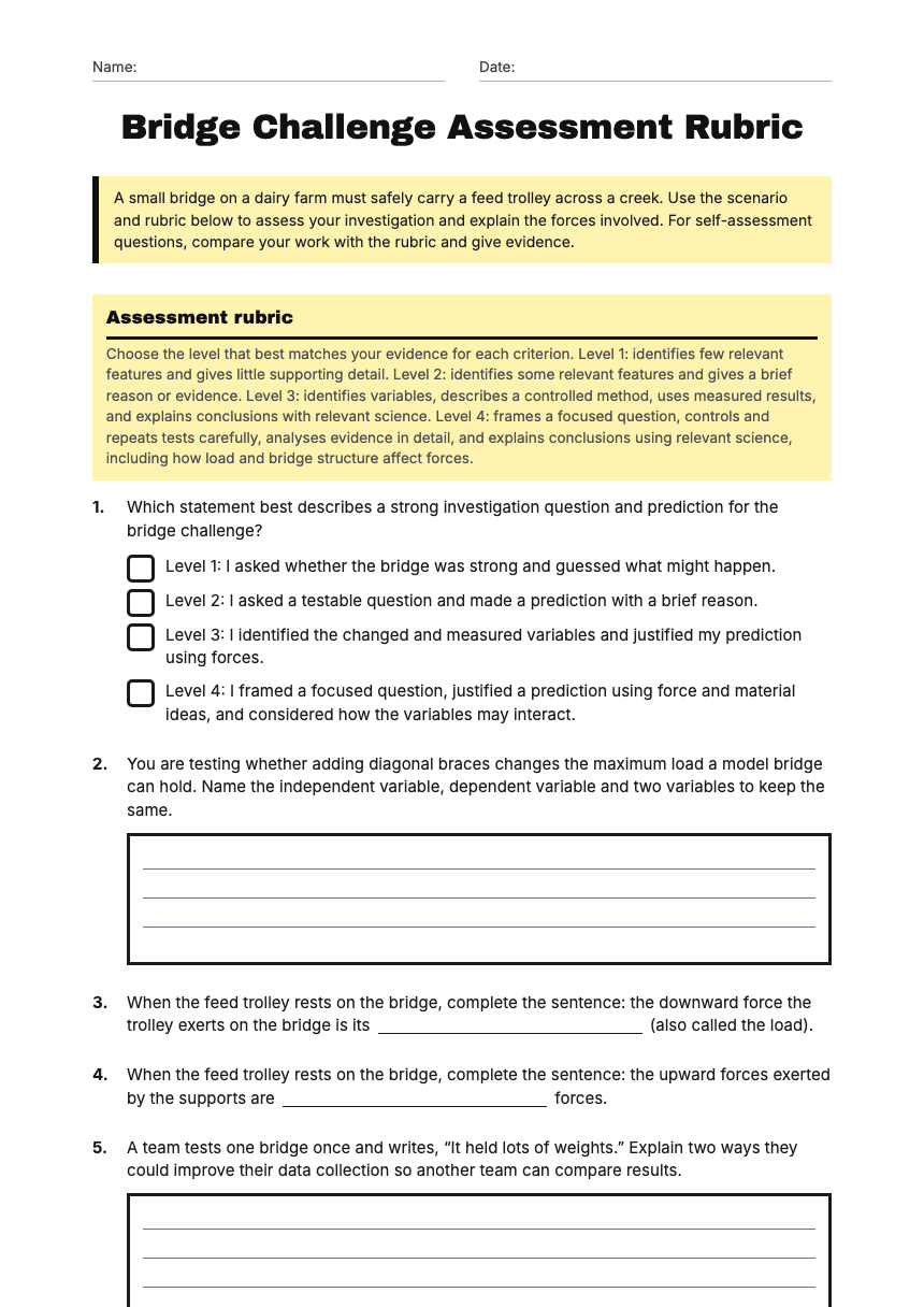 Bridge Challenge Assessment Rubric worksheet preview