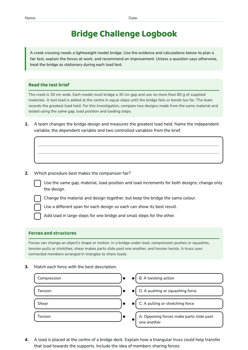 Bridge Challenge Logbook worksheet preview