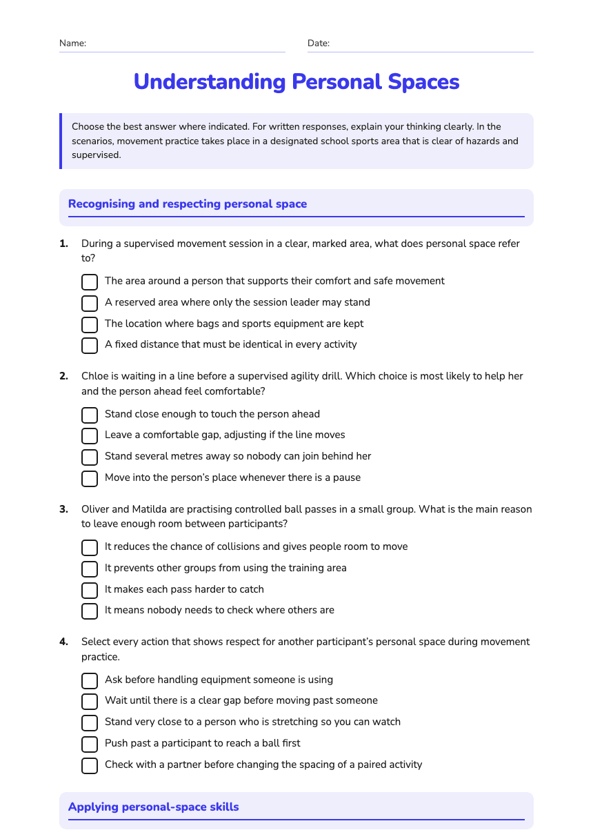 Understanding Personal Spaces worksheet preview