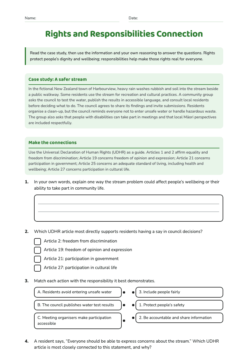 Rights and Responsibilities Connection worksheet preview