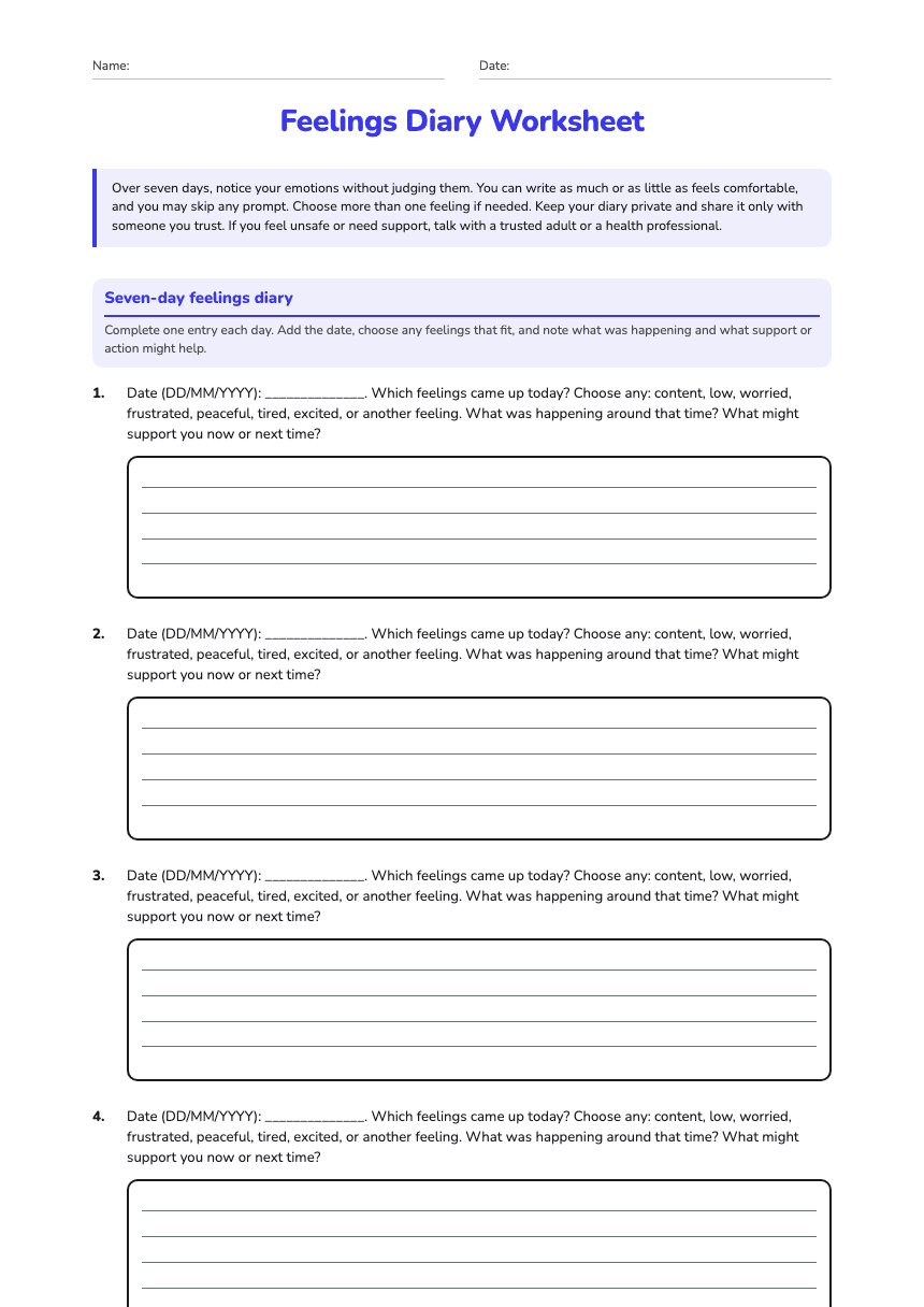Feelings Diary Worksheet worksheet preview