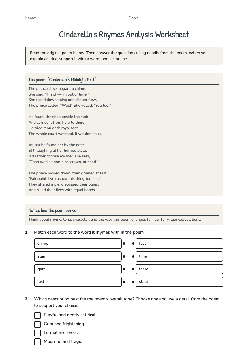 Cinderella's Rhymes Analysis Worksheet worksheet preview