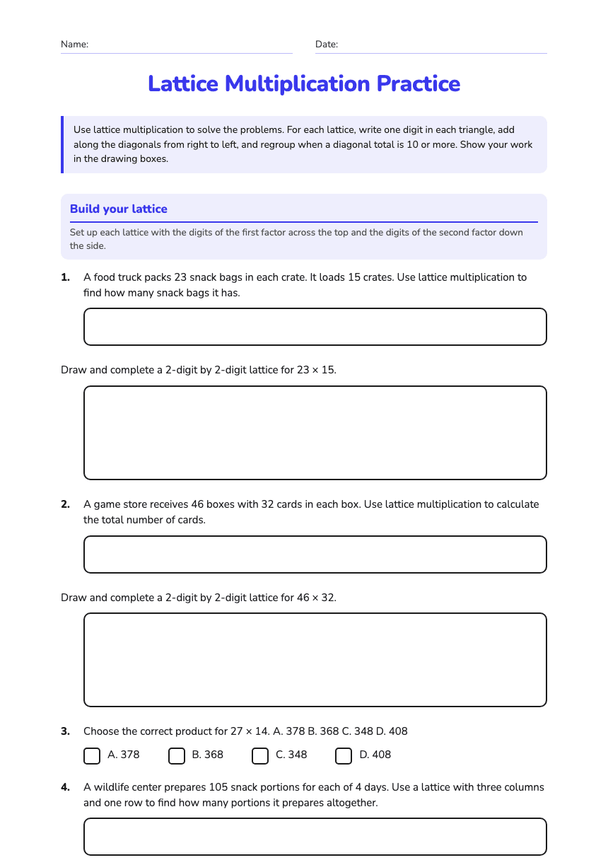 Lattice Multiplication Practice worksheet preview