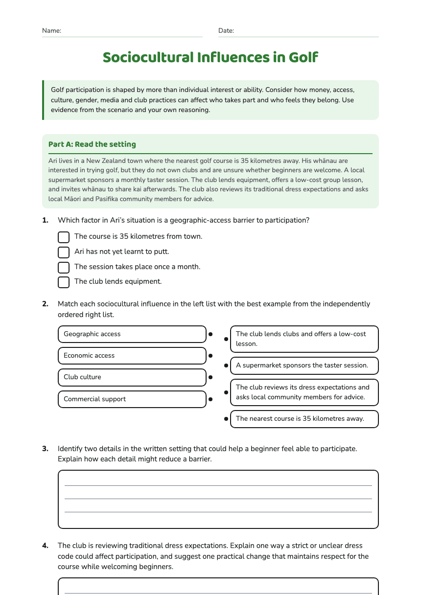 Sociocultural Influences in Golf worksheet preview