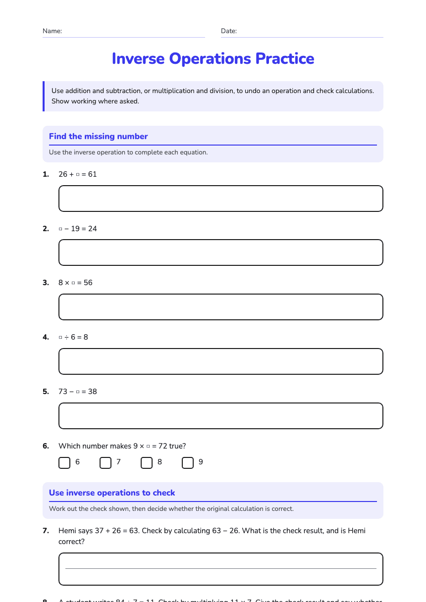 Inverse Operations Practice worksheet preview