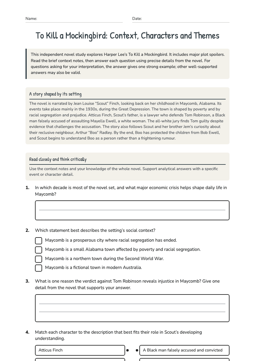 To Kill a Mockingbird: Context, Characters and Themes worksheet preview