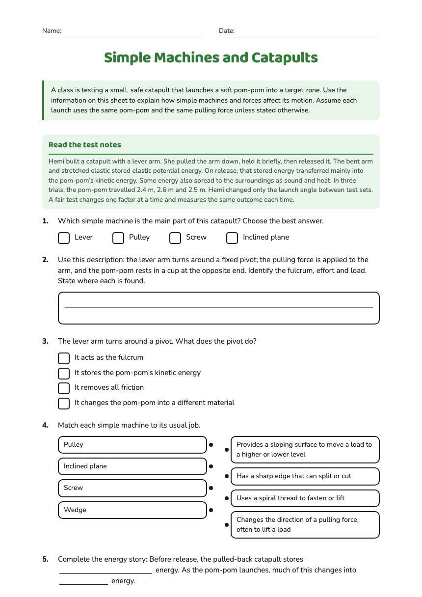 Simple Machines and Catapults worksheet preview