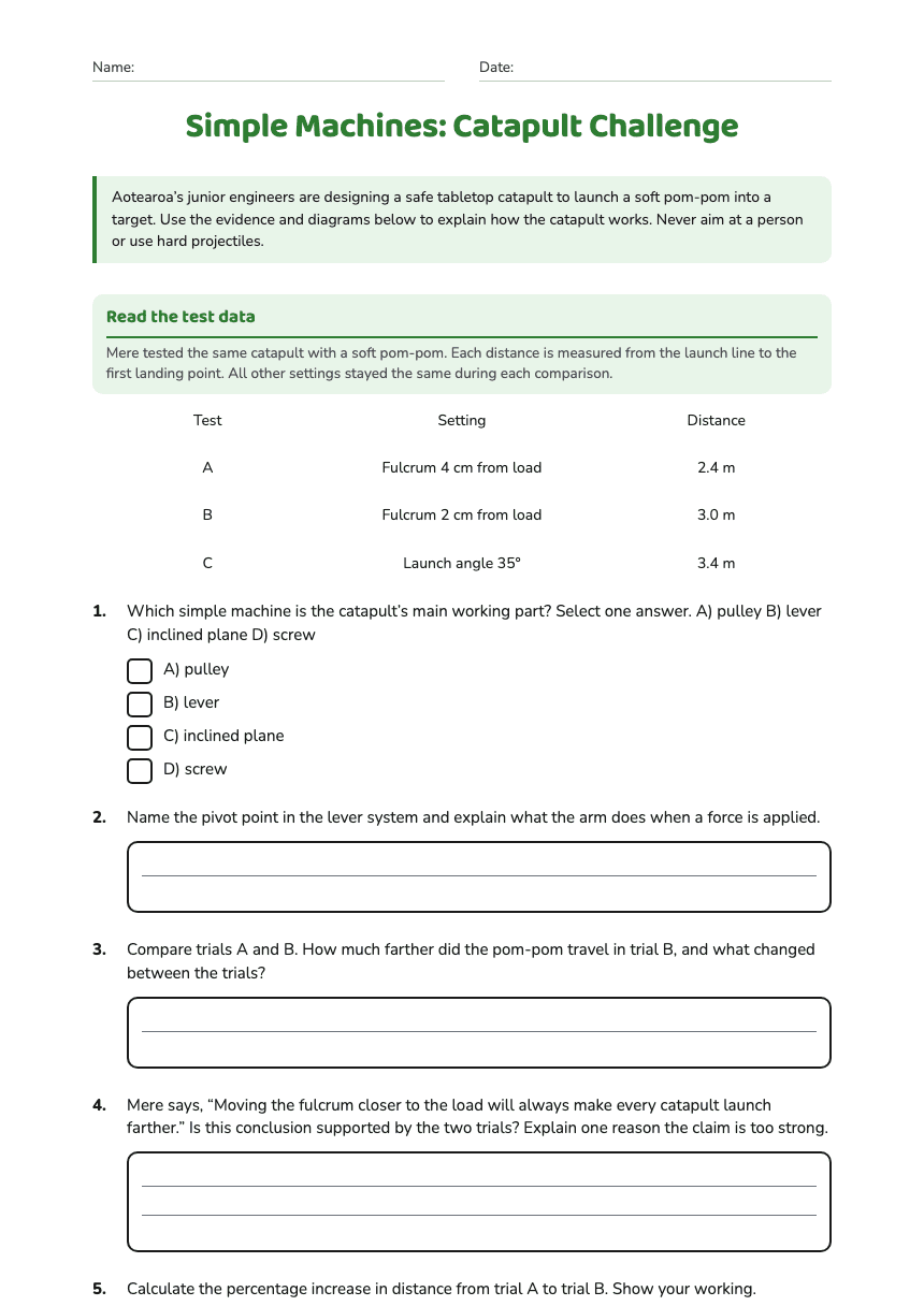 Simple Machines: Catapult Challenge worksheet preview