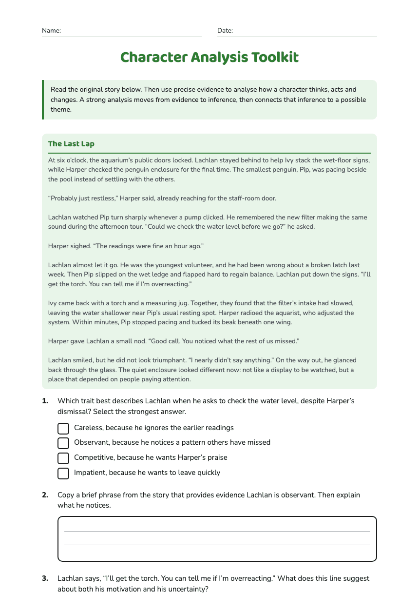 Character Analysis Toolkit worksheet preview
