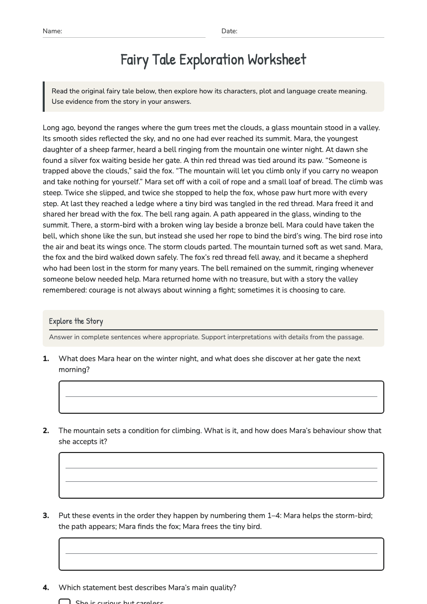 Fairy Tale Exploration Worksheet worksheet preview