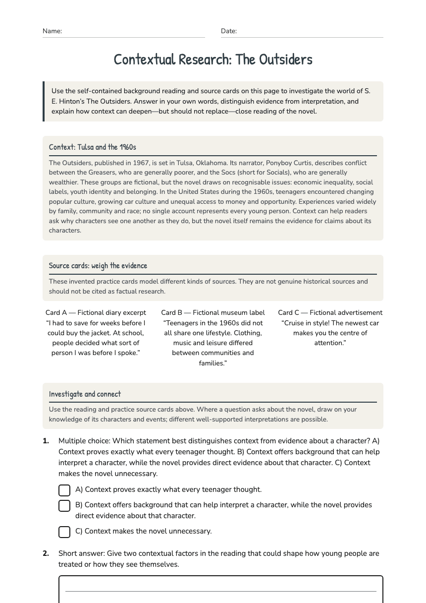 Contextual Research: The Outsiders worksheet preview
