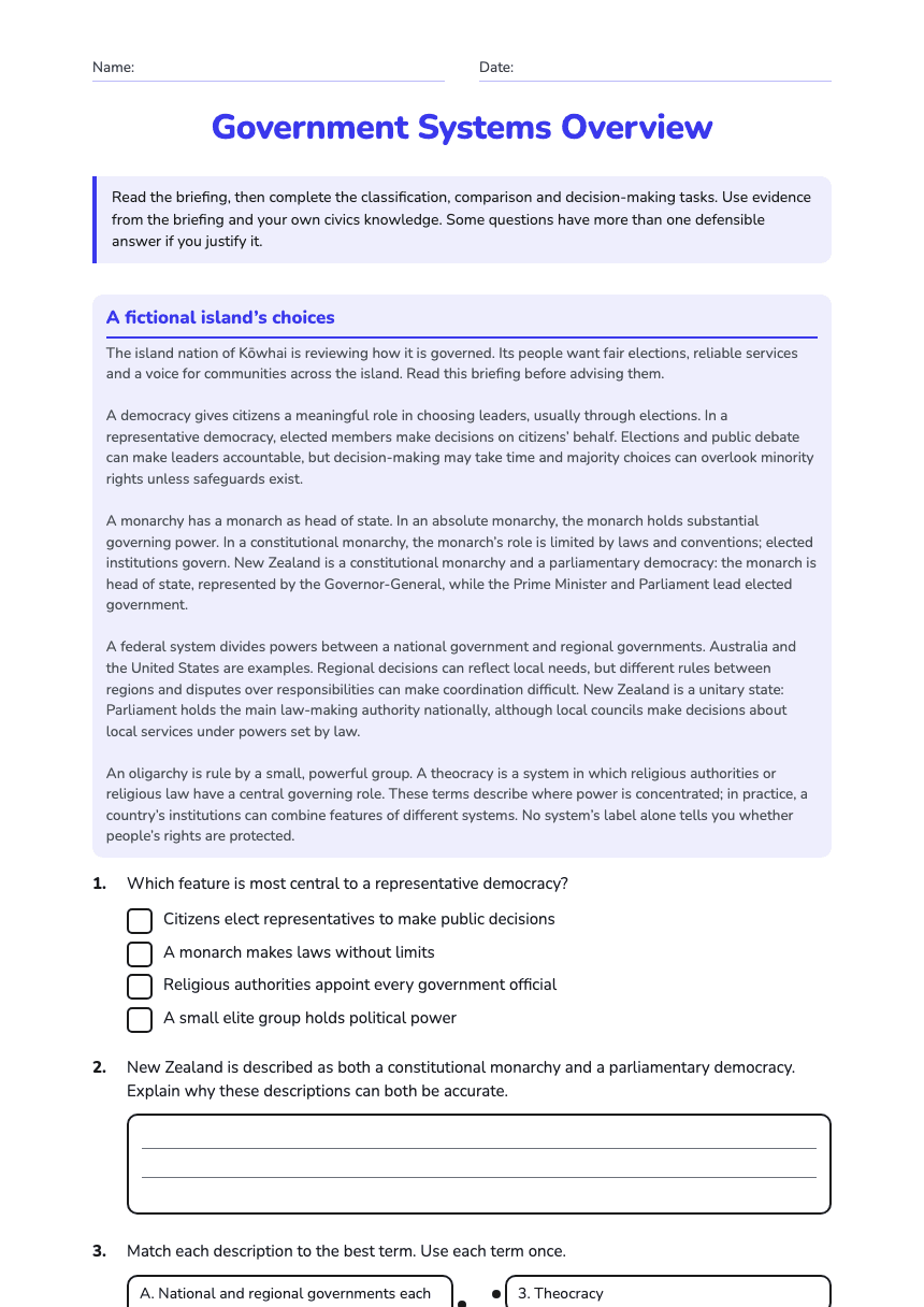 Government Systems Overview worksheet preview