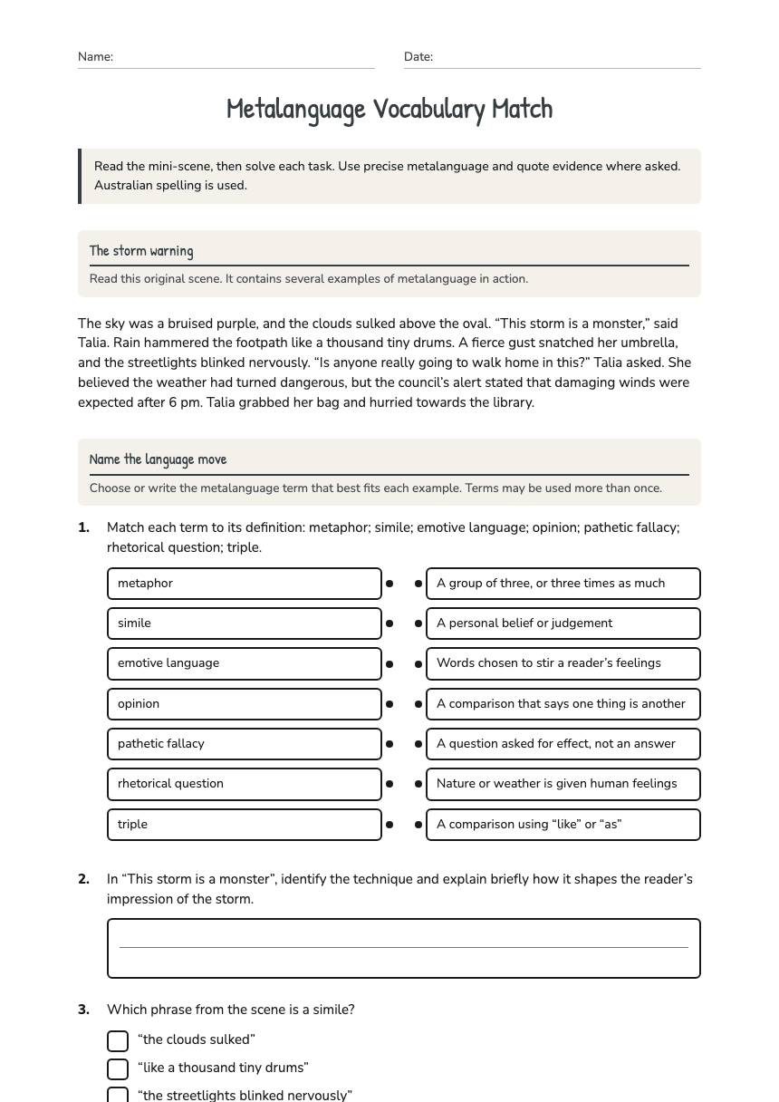 Metalanguage Vocabulary Match worksheet preview