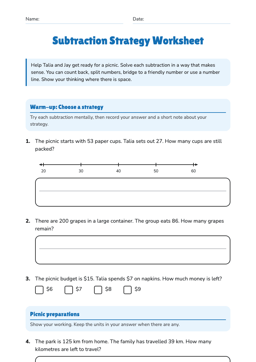 Subtraction Strategy Worksheet worksheet preview