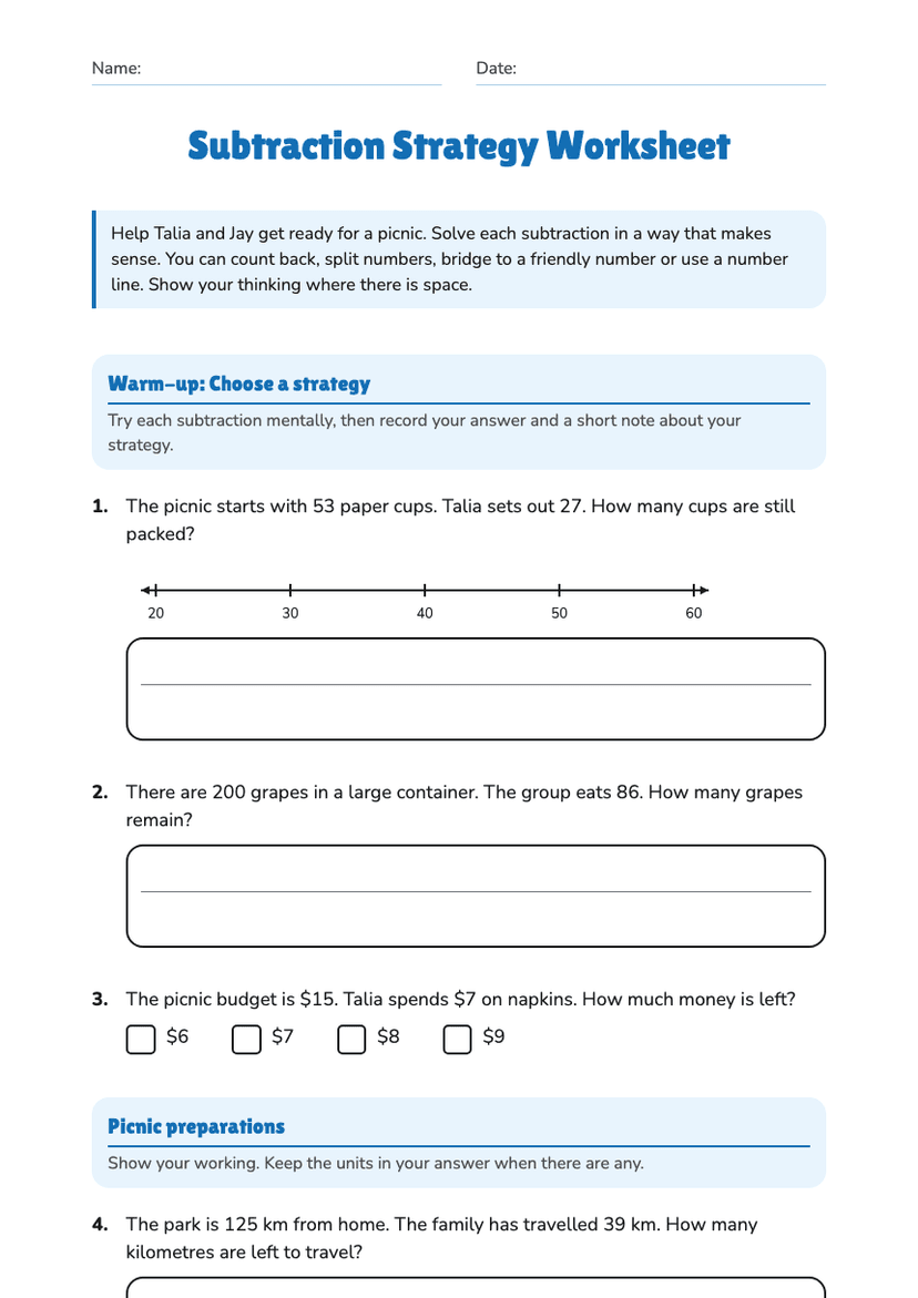Subtraction Strategy Worksheet