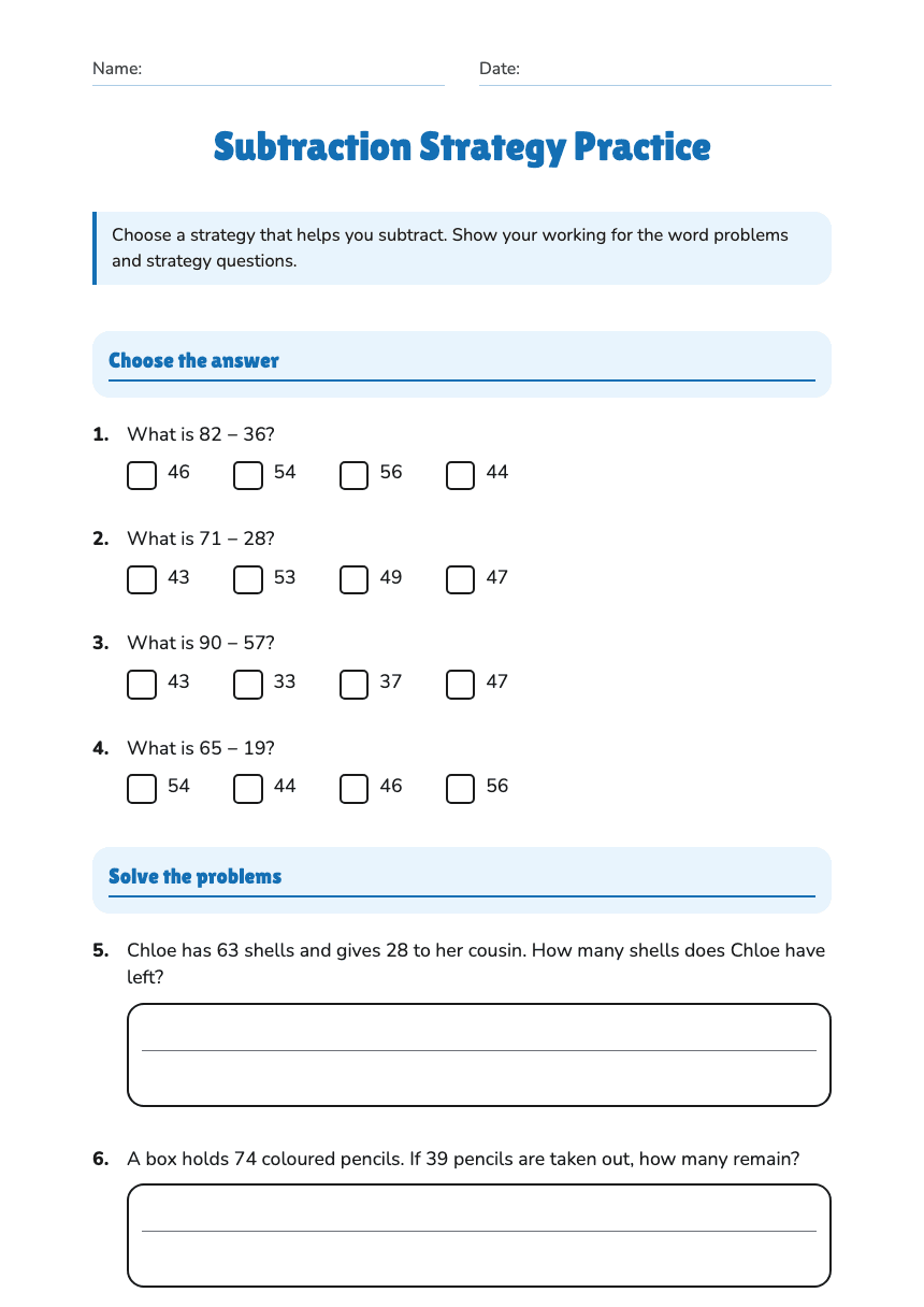 Subtraction Strategy Practice worksheet preview