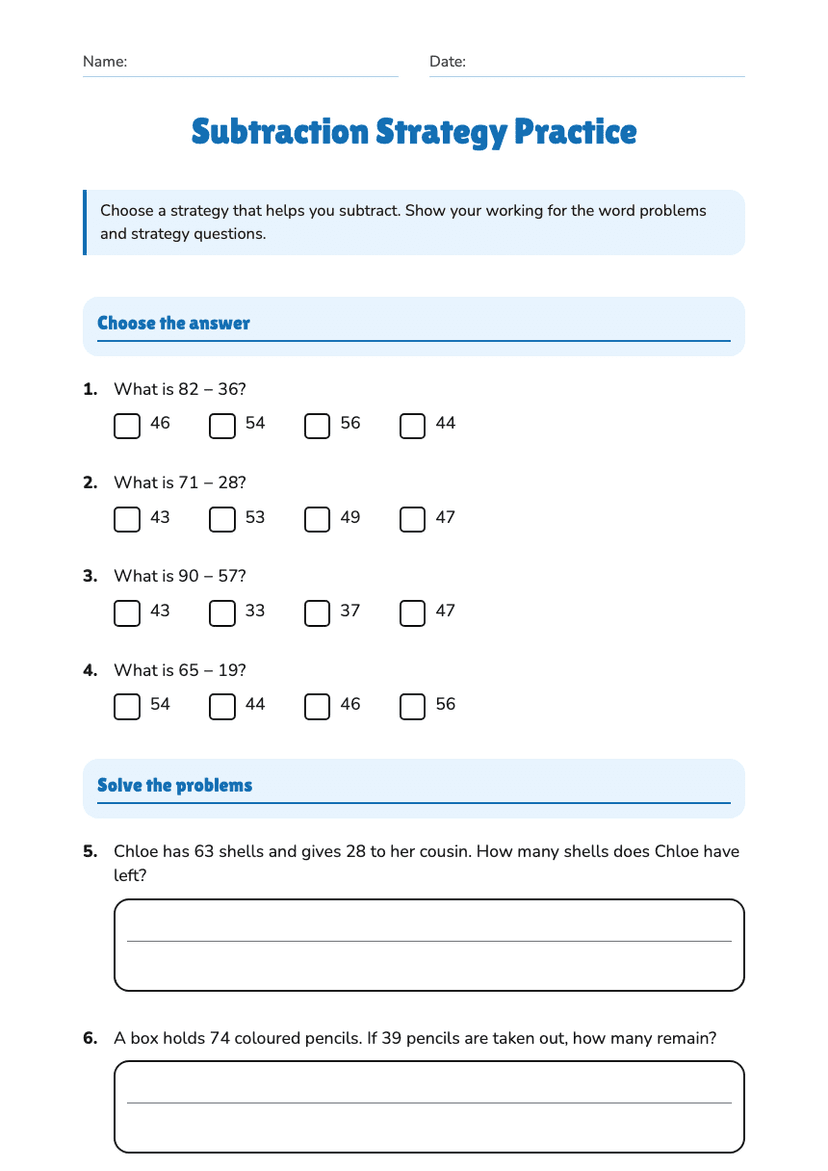 Subtraction Strategy Practice