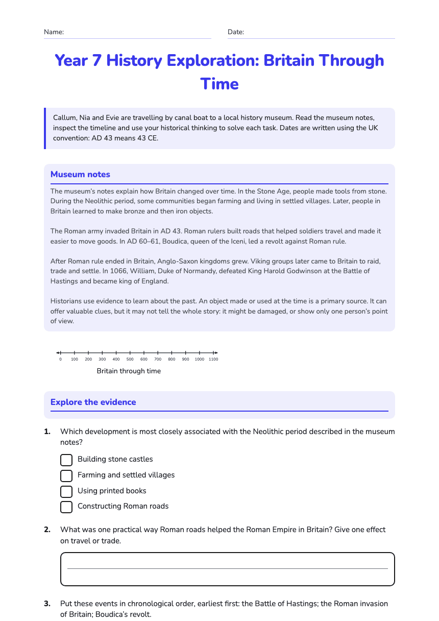 Year 7 History Exploration: Britain Through Time worksheet preview