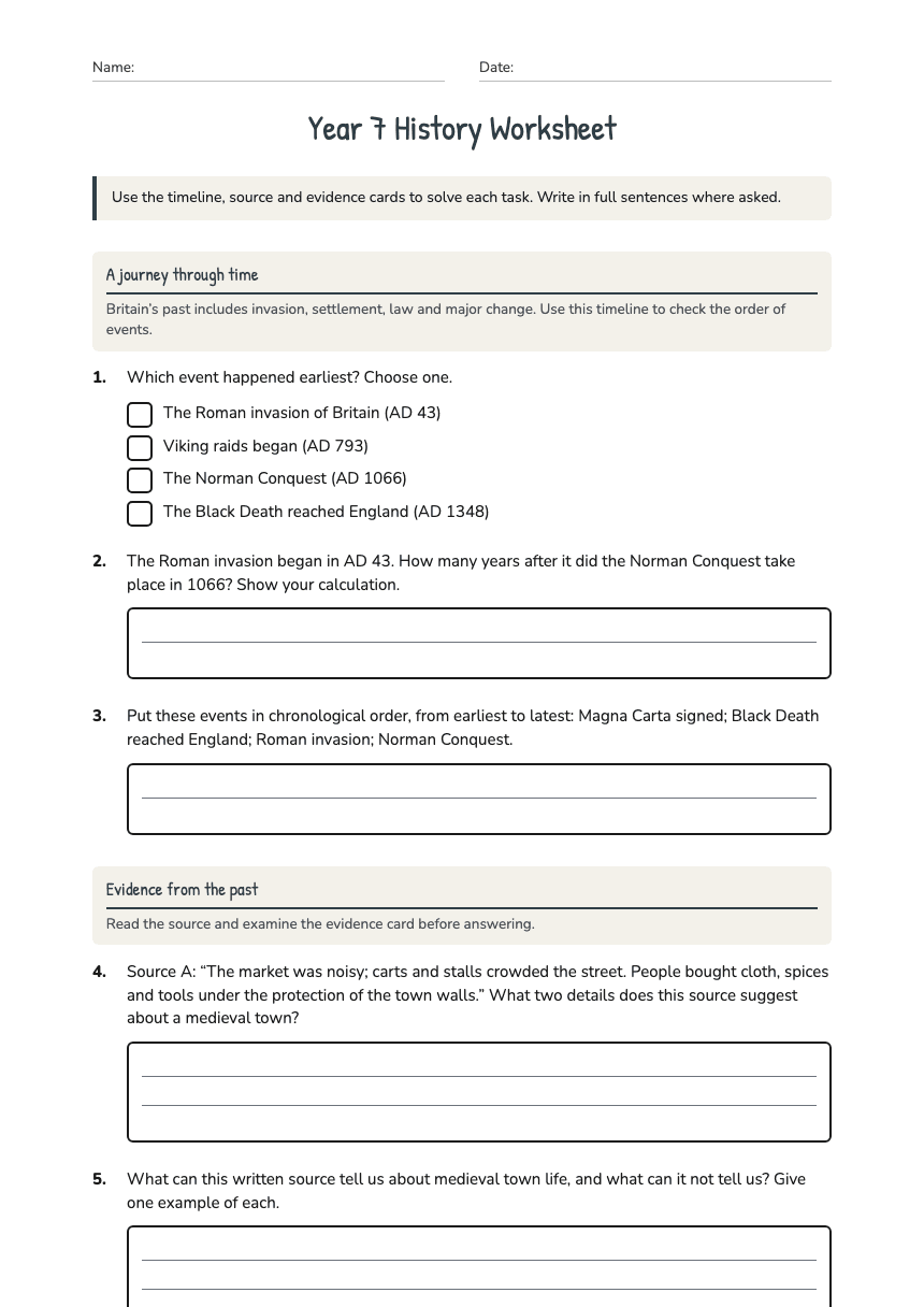 Year 7 History Worksheet worksheet preview