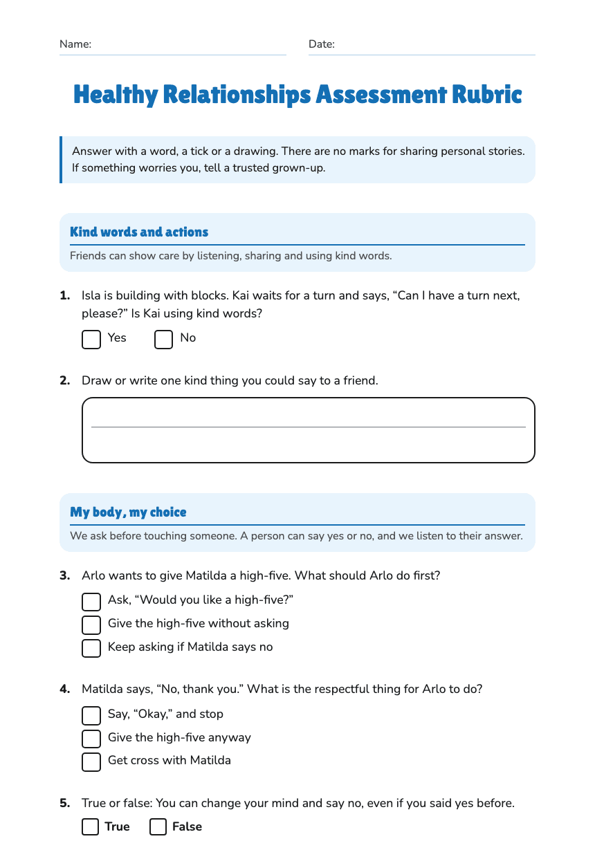 Healthy Relationships Assessment Rubric worksheet preview