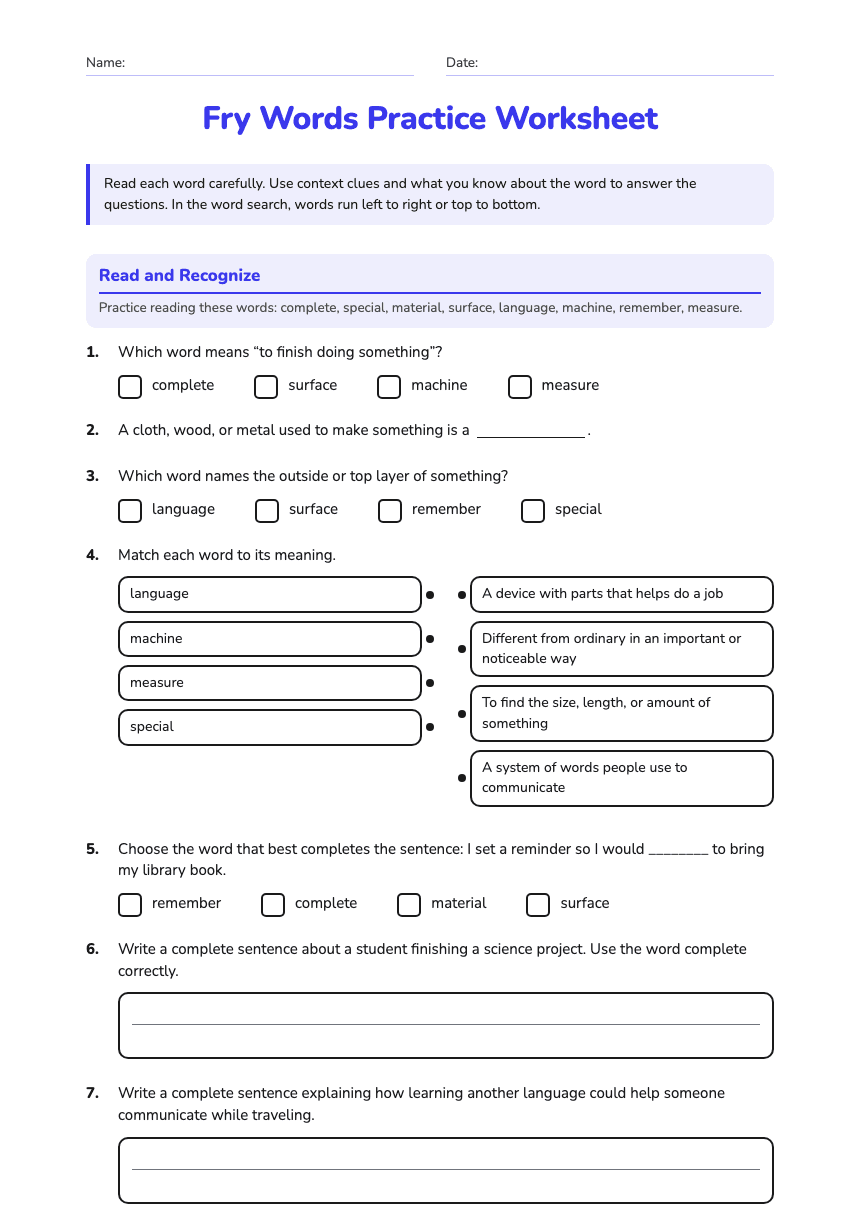 Fry Words Practice Worksheet worksheet preview