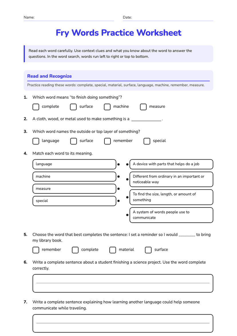 Fry Words Practice Worksheet