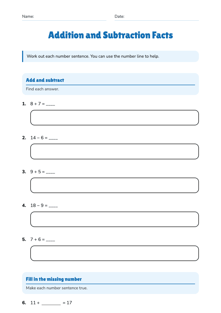 Addition and Subtraction Facts worksheet preview