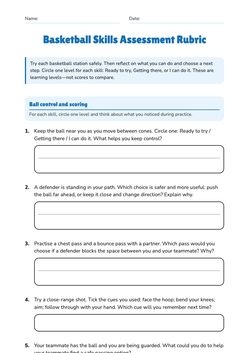 Basketball Skills Assessment Rubric worksheet preview