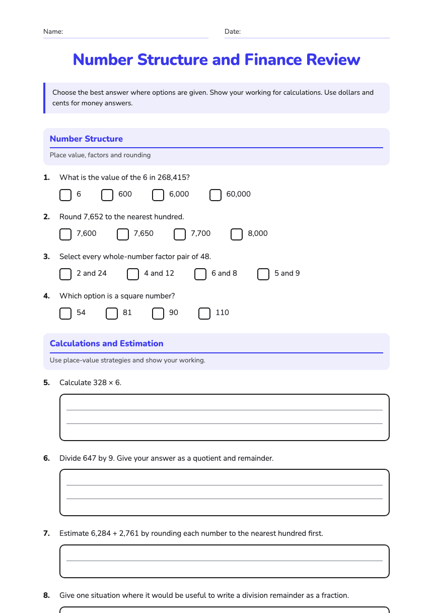 Number Structure and Finance Review worksheet preview