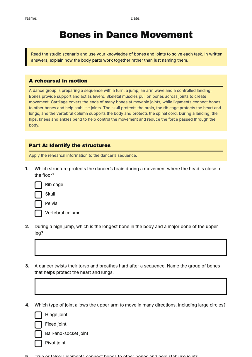 Bones in Dance Movement worksheet preview