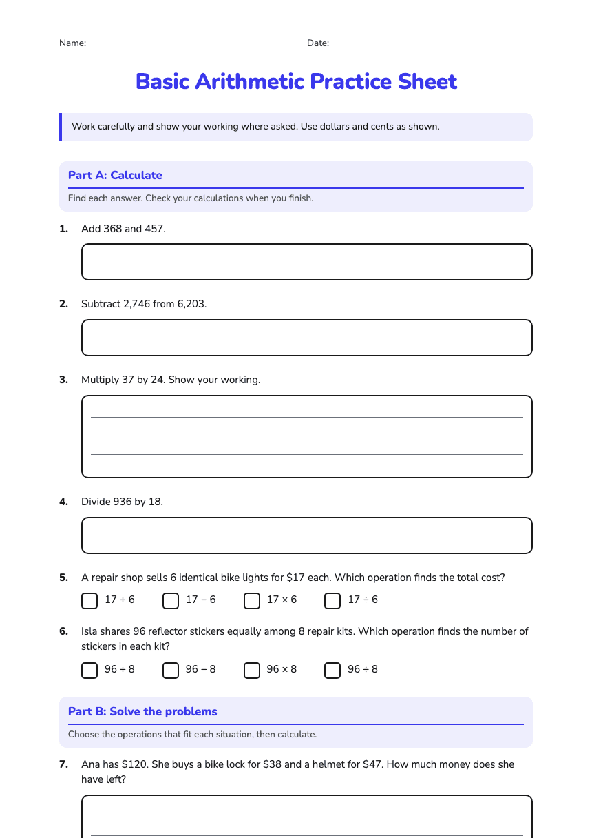 Basic Arithmetic Practice Sheet worksheet preview