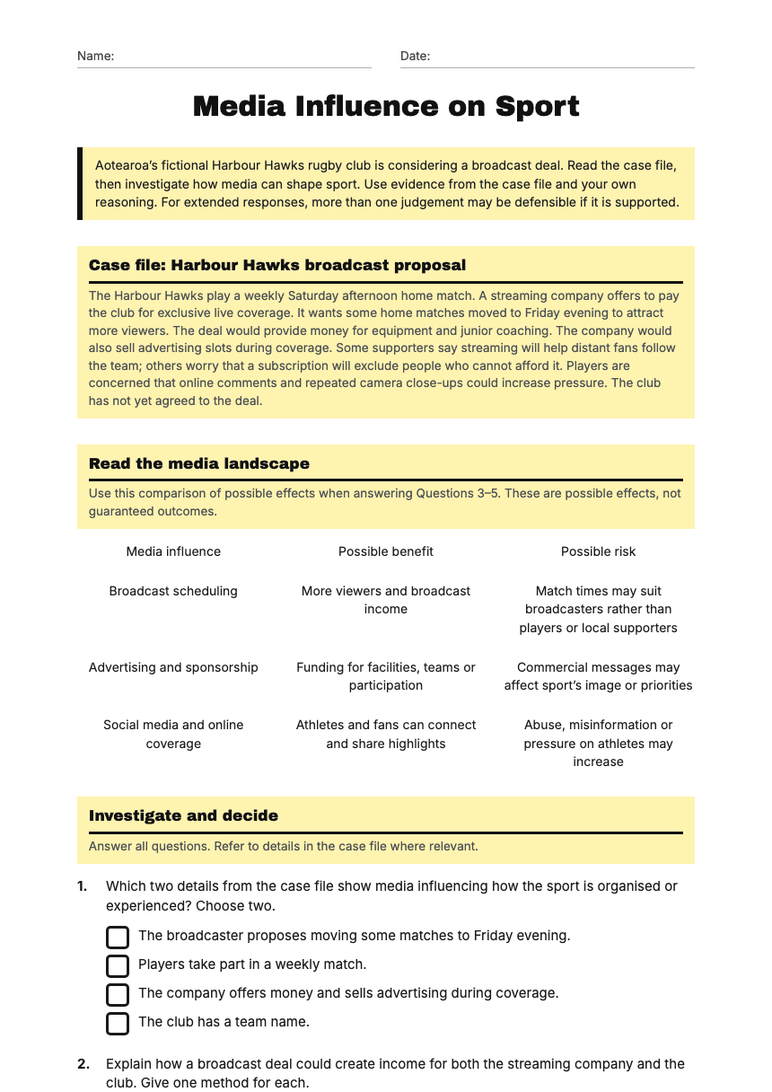 Media Influence on Sport worksheet preview