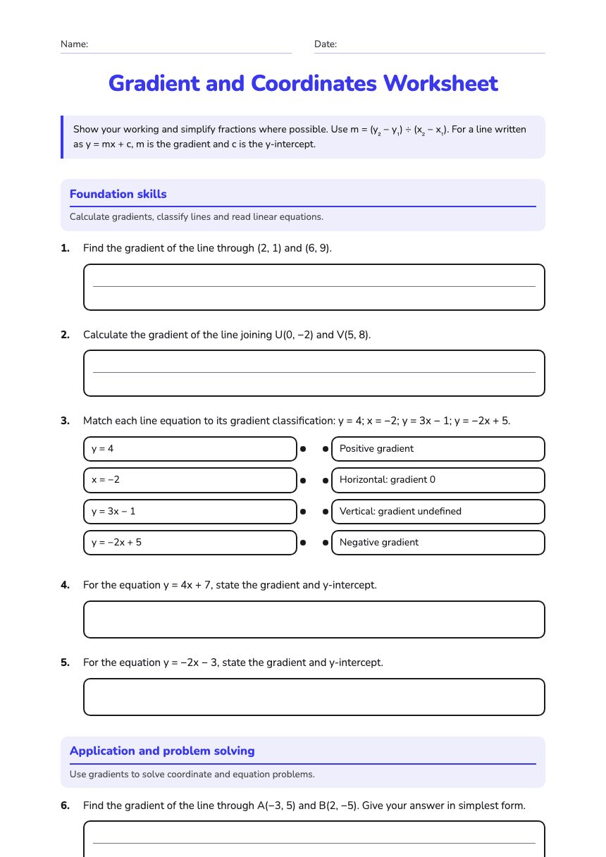 Gradient and Coordinates Worksheet worksheet preview