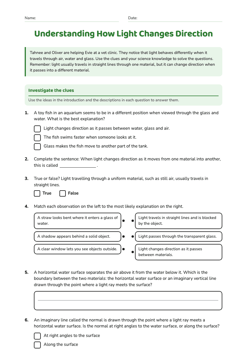 Understanding How Light Changes Direction worksheet preview