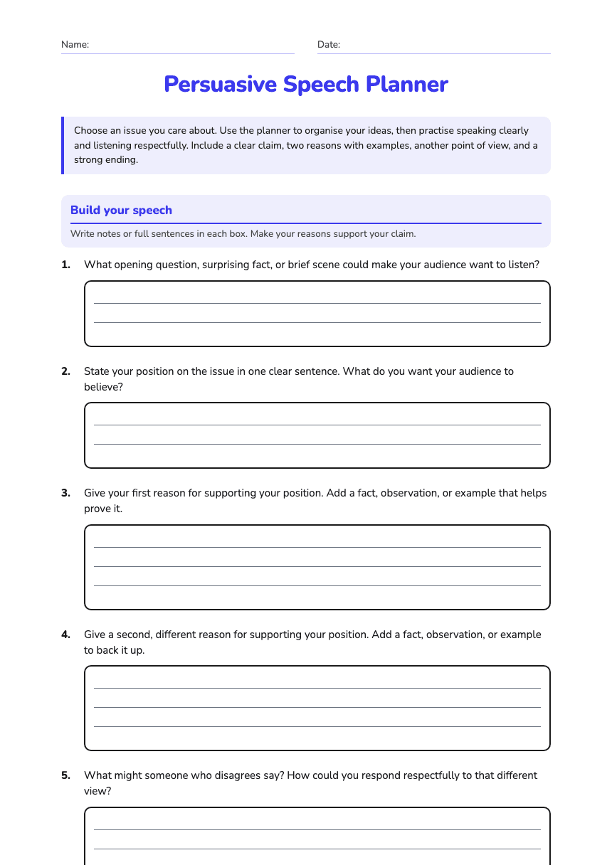 Persuasive Speech Planner worksheet preview