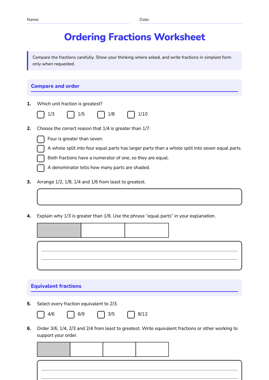 Ordering Fractions Worksheet worksheet preview