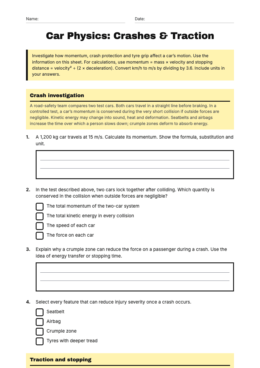 Car Physics: Crashes & Traction worksheet preview